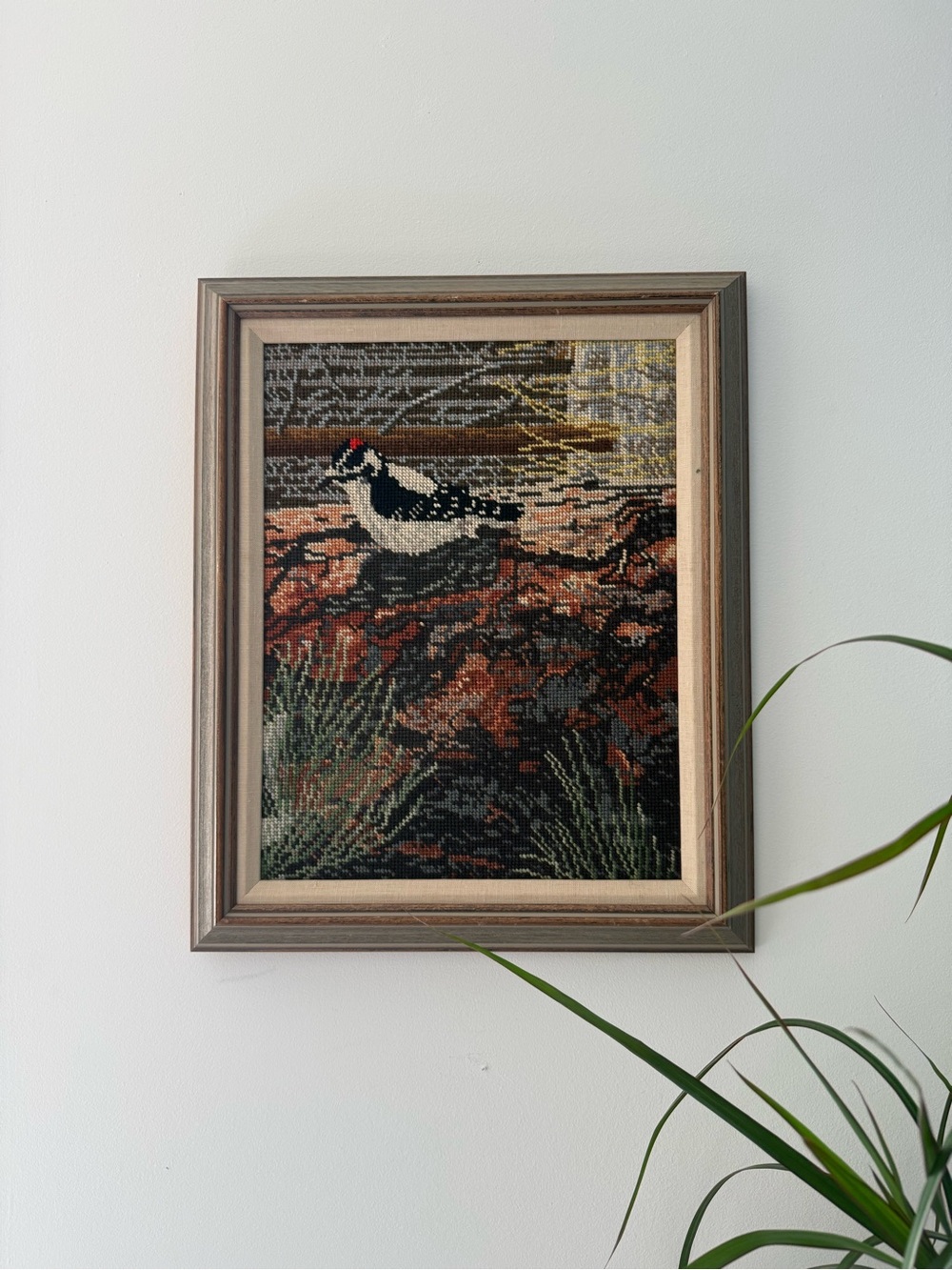 Vintage Needlepoint Woodpecker in Black, White and Red